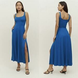 Reformation Allison Knit Dress Sz S Sleeveless In Peacock Blue Maxi Slit Pockets
